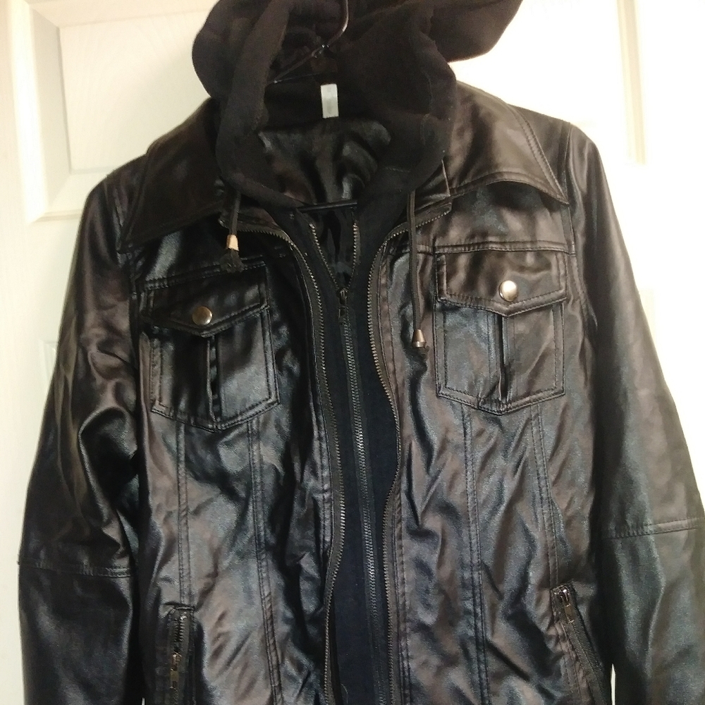 Hooded faux leather jacket size medium